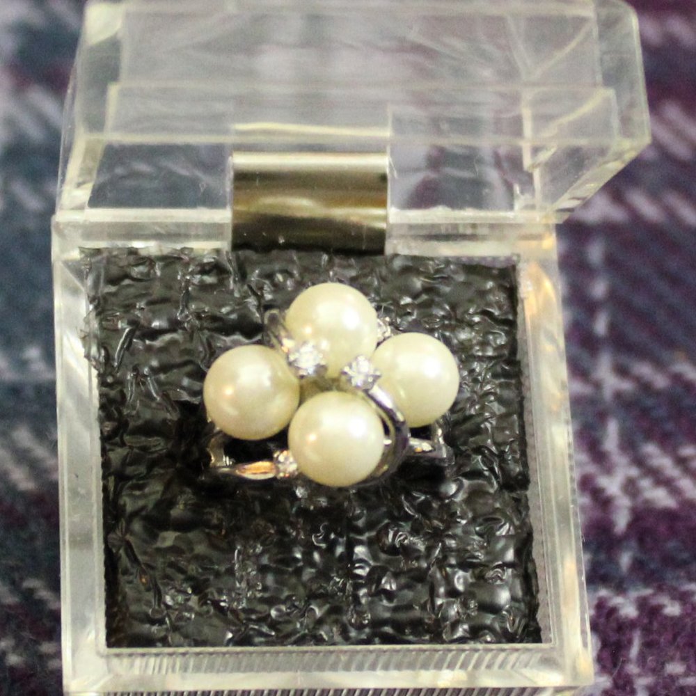 Stainless Steel Faux Pearl and CZ TK316 Marked Ring Size 5